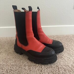 Ganni Mid Chelsea Boots Womens‎ 39 Red Black Leather Lug Sole Platform S2100